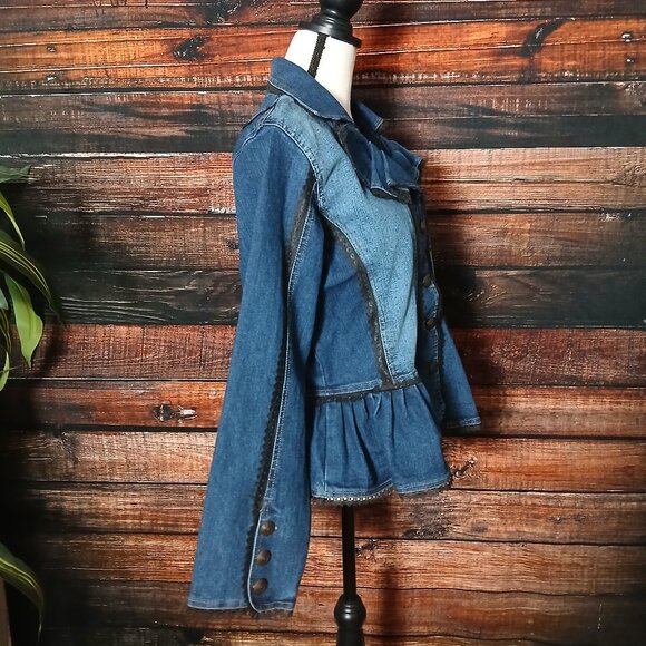 Pyramid Collection Jean Jacket L Lace Trim Peplum Blue Denim - Picture 7 of 9